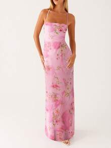 Women Spaghetti Strap Floral Print Maxi Dress Sleeveless Backless Cami Long Dress Summer Cross Tie-Up Party Dresses - Hồng - Xem 1