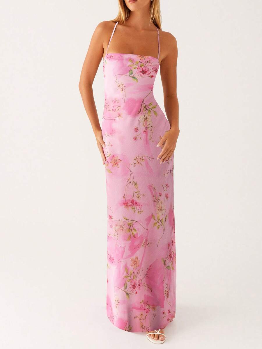 Women Spaghetti Strap Floral Print Maxi Dress Sleeveless Backless Cami Long Dress Summer Cross Tie-Up Party Dresses - Hồng - Xem 1