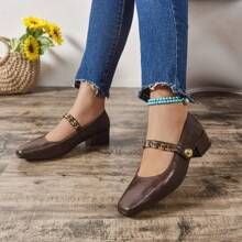 Women's Metal Chain Mary Jane Flat Shoes, 2025 Spring New Arrival, Fashion Buckle Retro Casual PU Leather Thick Heels, Elegant, Bohemian, Suitable For Beach Party, Office, Home & Outdoor, Spring/Autumn