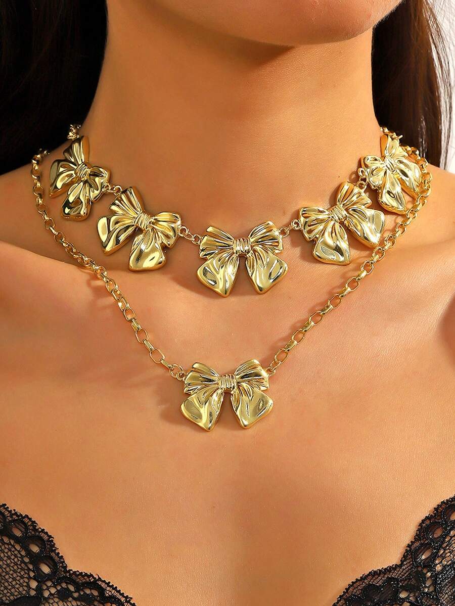1pc Fashion, Elegant & Versatile Luxury Golden Bowknot Necklace - Gold - View 1