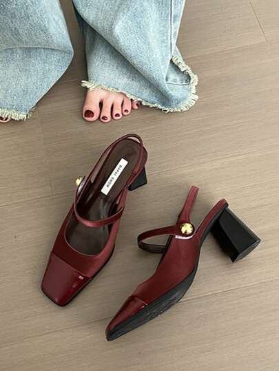 Spring New Vintage Square Toe French Style High Heel Sandals, 2025 Summer New Sexy Elegant Mary Jane Shoes, Chunky Heel Backless Glossy Leather Hook&Loop Casual/Bridesmaid Pumps