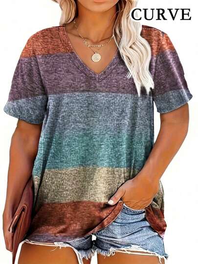 Plus Size Women Striped V-Neck Casual T-Shirt Top, Summer