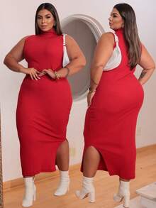 Women's Plus Size Long Dress With Side Slit And Premium Ribbed Rib - Red - View 5
