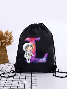 1pc A-Z Astronaut Pattern Letter, Outdoor Sports Bag, Outdoor Football Backpack, Basketball Backpack, Boys Girls Outdoor Sports Hiking Backpack, Large Capacity Lightweight Drawstring Bag - Multicolor - View 9