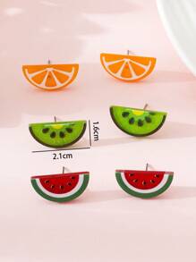 3 paires/set Boucles d'oreilles à clous pour femmes avec motifs de fruits orange, kiwi, pastèque, convient pour un port quotidien et les vacances à la plage