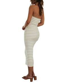 Women Y2K Summer Strapless Maxi Tube Dress Sleeveless Backless Hollowed Striped Patchwork Long Bodycon Dress Party Clubwear