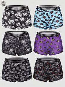 Dircho 6pcs Women Gothic Halloween Skulls Print Contrast Binding Boyshorts, Comfy & Soft Elastic Waist Intimates Panties, Women's Lingeries & Underwear - Multicolor - View 1