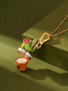 1Pc Fashion Personalized Enamel Green Cactus Pink Flower Openable Pot Pendant Necklace For Women Sweet Elegant Party Jewelry, High End Accessories, Bag, Keychain Pendant, Unique Girlfriend Gift, Mother's Day Gift