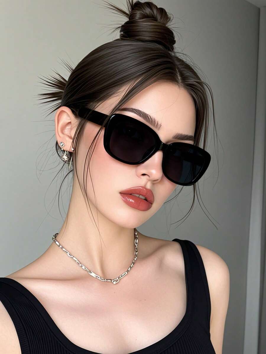 Retro Geometric Frame Black Fashion Fashion Glasses For Women, Classic Plastic Style For Outdoor Travel Beach Holiday Casual Daily Wear, Summer For Summer Beach Vacation, Outdoor, Travel Preppy Style For Back To School - Black - View 1