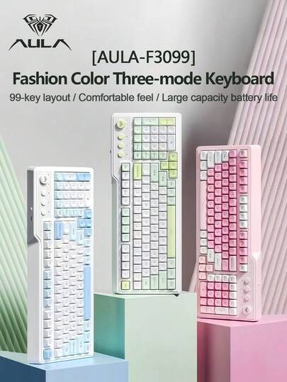 AULA F3099-三模式办公键盘，时尚配色，按键声音小，大容量电池，炫酷RGB灯效，人体工学设计，手感舒适，兼容多种系统，适用于电脑笔记本，颜值高