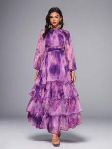 Đầm nữ cổ đứng, họa tiết ombre ngẫu nhiên, tay phồng xếp lớp, thanh lịch cho kỳ nghỉ xuân. - Màu tím - Xem 1