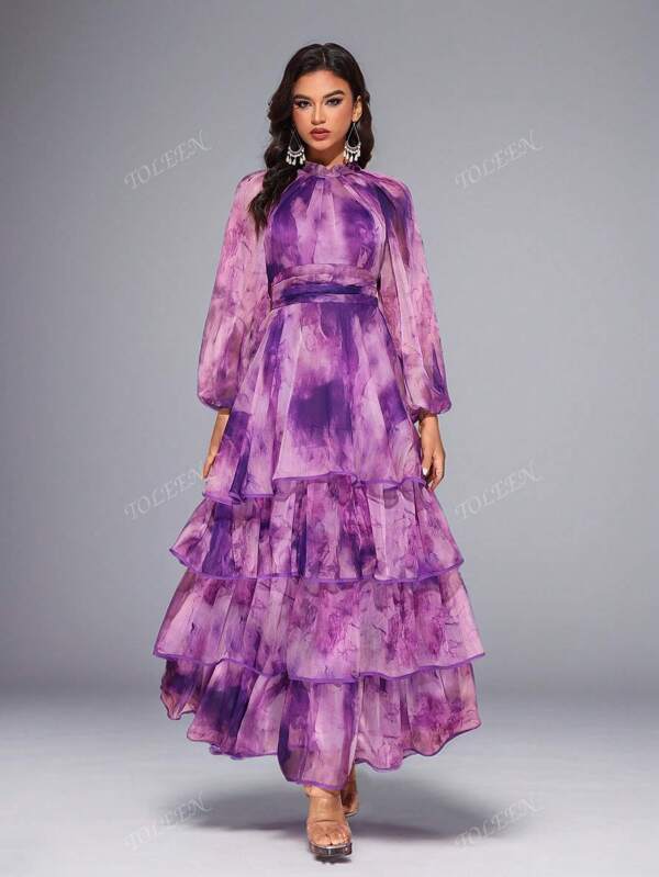 Women's Stand Collar Ombre Randomly Printed Layered Lantern Sleeve Dress