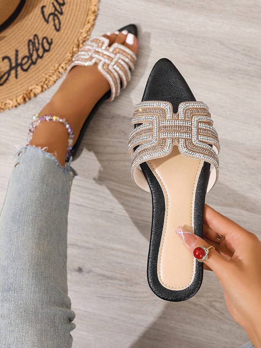 闪亮钻石装饰拖鞋，春夏新款 H 标志一脚蹬拖鞋，时尚休闲罗马风格女士 - 黑色 - 查看 1