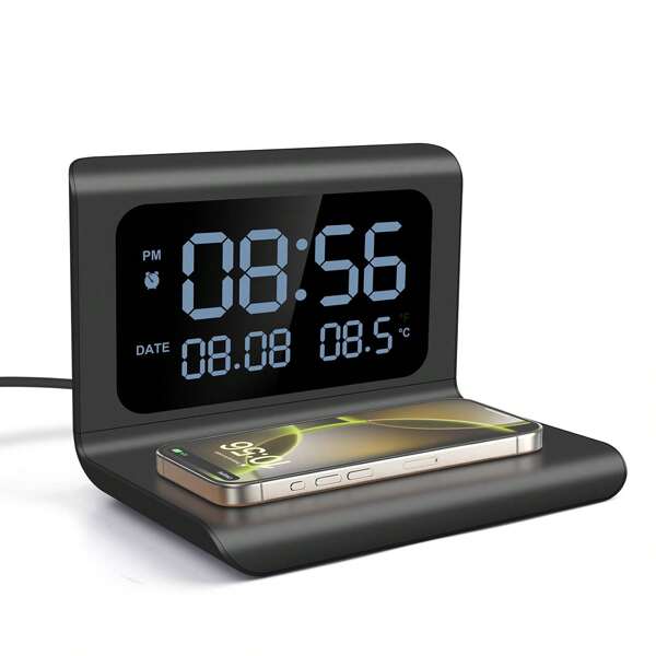 Kabellose Ladestation, Digitaler Wecker Für Schlafzimmer Nachttisch Büro Thermometer Datum-Anzeige 15W Kabellosen Ladepad kompatibel mit iPhone 16/15/14/13/12/11/X/SE/8, Galaxy S25/S24/S23/S22 Serie