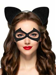 1pc Cat Woman Mask And 1pc Cat Ears Headband, Mask Masquerade Mask Cat Woman Accessories For Cosplay Party,Cat Woman Costume,Cosplay Costumes Woman ,Black Cat Costume Adult