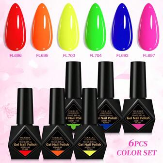 FOUR LILY 6-delars fluorescerande färggel nagellacksset - 10 ml populärt sommarfärgat gellackskit, soak-off UV/LED gellack, för hemmasalong nagelkonst DIY