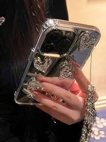 Luxury Glossy 3D Meteorite Texture Plating Silver Heart Bracelet Cute Phone Case Compatible With Iphone 16 15 14 13 12 Pro Max 14 15 Plus 11 Lens Protection Cover Waterproof Shockproof Anti-Fall Scratch Resistant - Mirror Heart - View 3