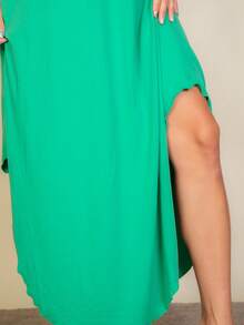 Women's Elegant Sleeveless V-Neck Knitted Fabric Long Dress With Asymmetrical Hem And Split Thigh Casual Loose Fit - màu xanh lá - Xem 6