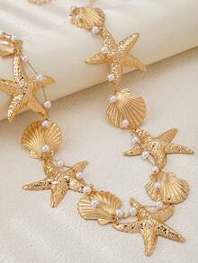 1pc Fashion Starfish & Shell Faux Pearl Waist Chain, Suitable For Women Beach Resort Wear - Yellow Gold - View 4
