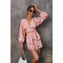 Floral V-Neck Jumpsuit Set | Women's Summer Long Sleeve & Shorts Romper With Botanical Print - Red - View 4