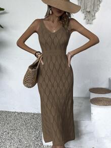 Knit Mix Women Casual V-Neck Solid Color Crochet Split Hem Dress Butter Yellow (Pattern Randomized), Summer