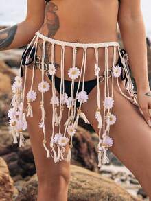 1 件女士手工彩色花卉身体链腰链波西米亚白色、彩色、黄色雏菊流苏腰带，适合日常、夏季、海滩度假搭配秋季、万圣节