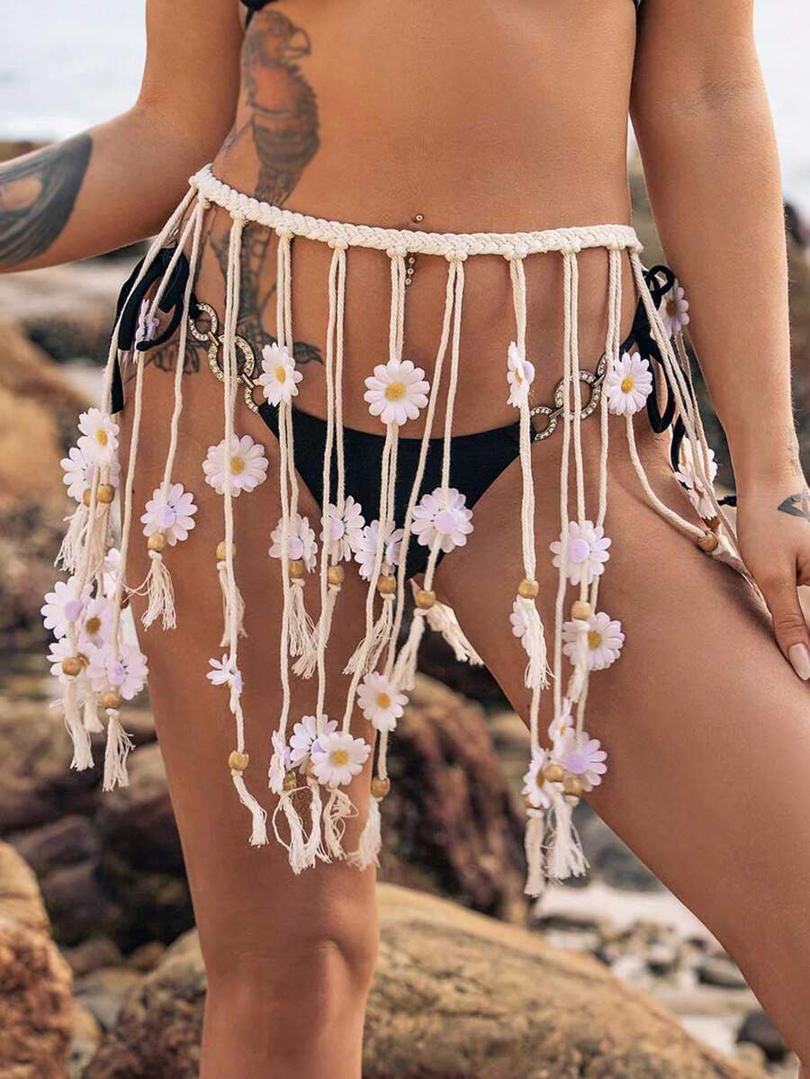 1 件女士手工彩色花卉身体链腰链波西米亚白色、彩色、黄色雏菊流苏腰带，适合日常、夏季、海滩度假搭配秋季、万圣节