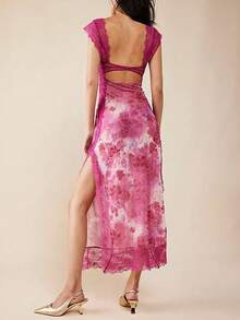 Women Y2K Lace Patchwork Floral Maxi Dress Sexy Cutout V-Neck Bodycon Party Dress Slit Backless Going Out Dress - 玫紅色 - 查看 2