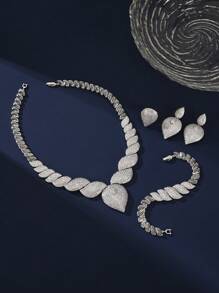 Set 4 piese Zirconiu cubic alb Colier în formă de inimă, cercei, inel, brățară Set de bijuterii, Suită de bijuterii de mireasă de lux pentru Dubai