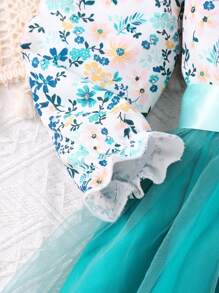 Young Girl Floral Print Mesh Long Sleeve Dress With Waist Belt