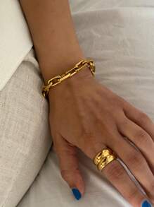 1pc 18K Gold Plated Chain Bracelet, Thick Link Bracelet, 6.5" Statement Bracelet, Stainless Steel Jewelry, Christmas Gift For Her