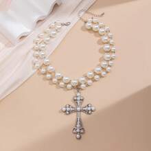 1pc Punk/Goth Style Exaggerated Faux Pearl Cross Multi-Layer Necklace For Women - Black - View 8