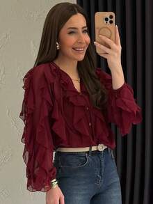 Áo sơ mi nữ tay dài chất liệu chiffon, thiết kế cài nút và xếp ly ở gấu áo, kiểu dáng thanh lịch, màu trơn, dáng rộng thoải mái, thích hợp cho kỳ nghỉ hè, phong cách bohemian, thời trang mùa xuân. - Màu Đỏ Sâu - Xem 10