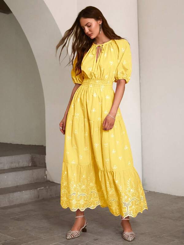 Simplee Women's Summer New Embroidery Lantern Sleeve Tie Waist Long Dress, Suitable For Graduation, Party, Wedding Guest, Vacation, Music Festival