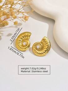 1 Pair Stainless Steel Seashell Earrings Inlaid With White Plastic Beads, Suitable For Women's Daily Outfit, Beach Holiday Wear, Or Festival Gifts