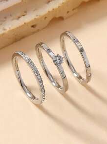 3 Pcs Luxury Zirconia Stainless Steel Ring Set, Classic & Fashionable Rings Accessory For Women