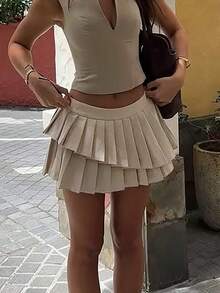 Y2K 双褶 A 字短款夏季半身裙休闲卡其色不对称褶皱迷你裙日常女孩 - 卡其色 - 查看 5