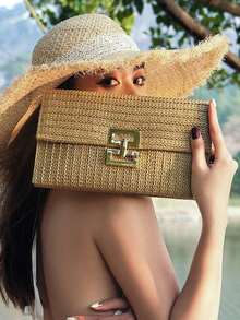 Multi-Layer Twist-Lock Flap Clutch Woven Bag, Suitable For Vacation - Khaki - View 1
