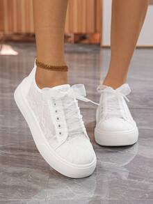 女士休闲运动鞋-女士透气系带软底舒适平底鞋，适合家居、街头散步、百搭、夏季小白鞋 - 白色 - 查看 6