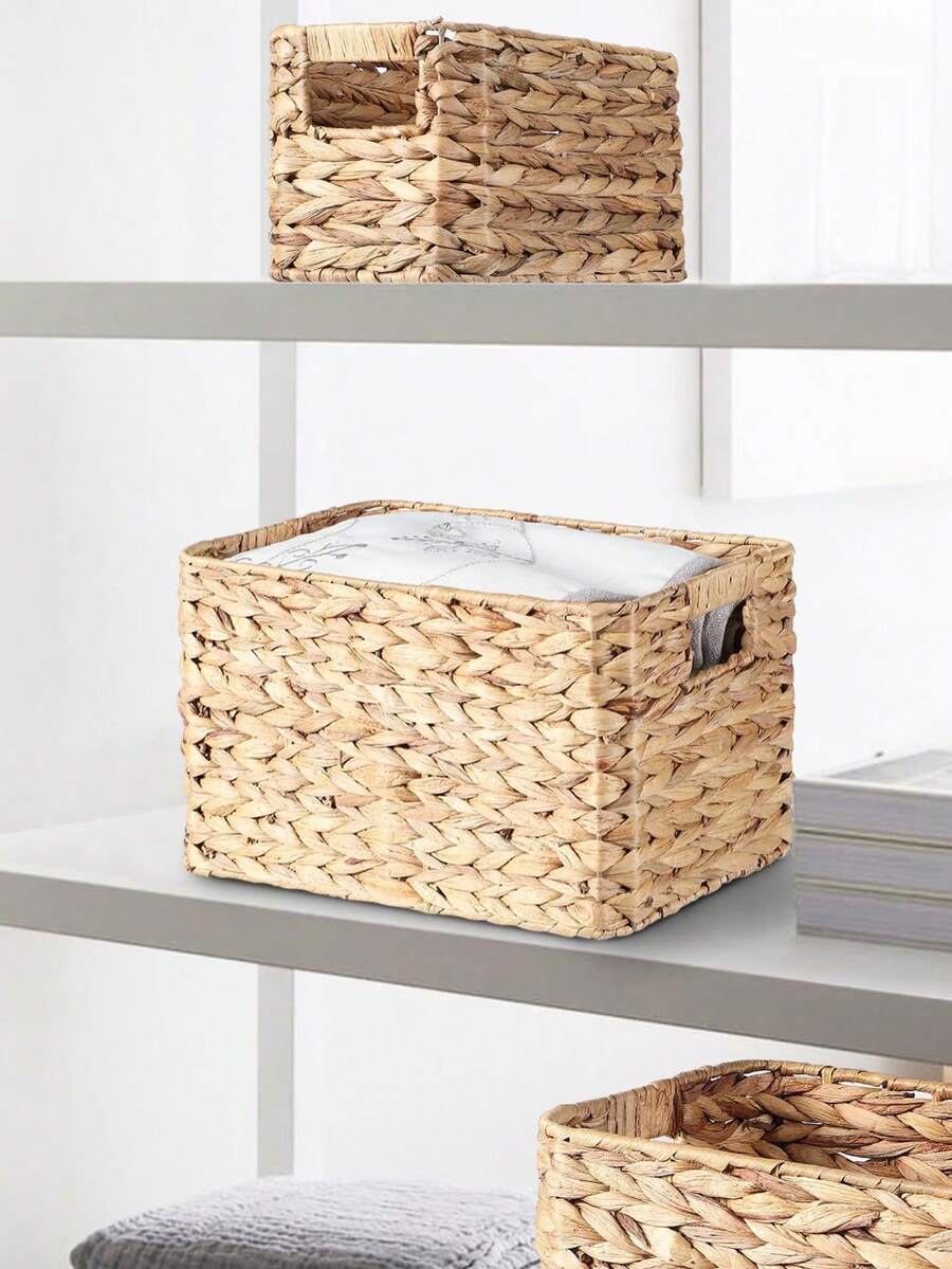 Set de 3/1 pieza Cestas de almacenamiento rectangulares, cestas tejidas de mimbre y jacinto de agua, cestas organizadoras, cestas de almacenamiento tejidas a mano para estantería, papel de baño, escritorio, mesa de café, juguetes, llaves, cosméticos