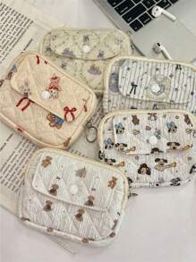 1pc Kawaii Quilted Flower Print Coin Purse With Bunny/Bowknot/Little Bear Pattern,Multifunctional Card Holder, Ins Style Korean Coin Purse Digital Bag Storage Bag.Portable And Stylish-Makeup Bag Portable Travel Toiletry Bag
