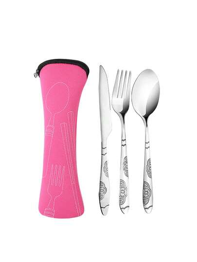 Juego portátil de 3 piezas de cubiertos de acero inoxidable (cuchillo, tenedor, cuchara, palillos) con mangos con estampado, 1 bolsa con cierre para guardarlos, adecuado para picnics, campamentos, cafeterías escolares, útiles escolares
