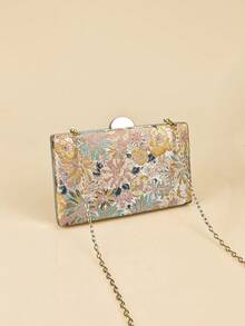Luxury Multi-Colored Floral Embroidered Evening Clutch Bag, Elegant Handmade Party Purses And Bags Women With Gold Metal Chain, Unique Pattern, Prom Accessories, Bridesmaid Gifts, Pink Flowers Straw Bag, Bohemian Handbags For Ladies, Shoulder Crossbody Bags Purse For Party Girls, Bride, College Students, Rookies & White-Collar Workers For Party, Prom, Wedding, Vacation Essentials, Perfect For Summer, Vacation & Beach - Multicolor - View 2