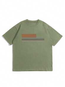 男士夏季条纹印花休闲圆领短袖T恤 - 綠色 - 查看 4