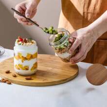 Kitchen Glazed Canister For Dry Fruits & Snacks, Large Capacity Food Storage Container With Airtight Wooden Lid