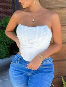 Plus Mesh Ruched Lace Up Backless Asymmetrical Hem Boned Strapless Corset Shapewear Crop Tube Top - White - View 3