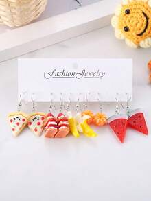 5 对逼真水果食物耳环套装 - 3D 巧克力、奶茶、蛋糕、披萨、香蕉、橙子、苹果吊坠耳环，树脂食物珠宝礼物，适合女性 - 彩色 - 查看 4