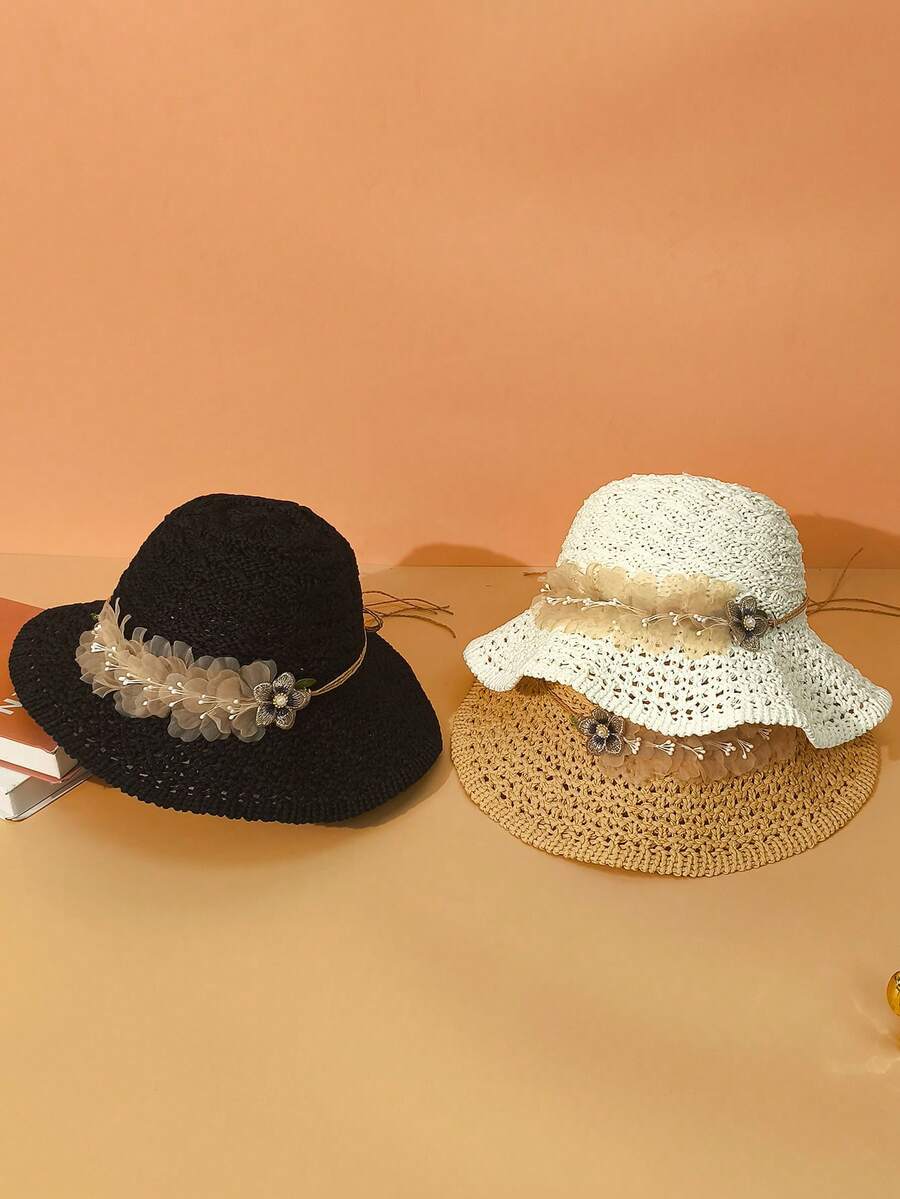 1pc Women Solid Color Straw Hat, Casual Boho Vintage Palace Style Street Elegant Summer New Handmade Floral Grass Hat Small Face Bucket Hat Summer Outdoor Sun Protection Sun Hat, Suitable For Daily Outing And Shopping - MZ2169 - View 1