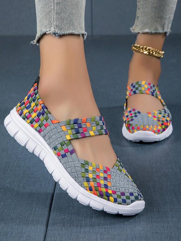 Rhombic Contrast Color Plaid Bohemian Casual Elegant Woven Criss-Cross Embroidered Leisure Sports Shoes, Suitable For Outdoor, Home, Office, All Seasons