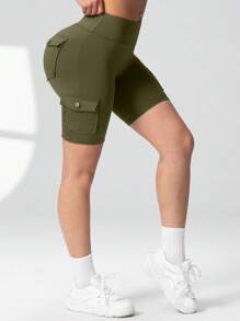 Pantaloncini cargo a vita alta da donna, controllo pancia, lunghezza interno gamba 12,7 cm, pantaloncini atletici da allenamento